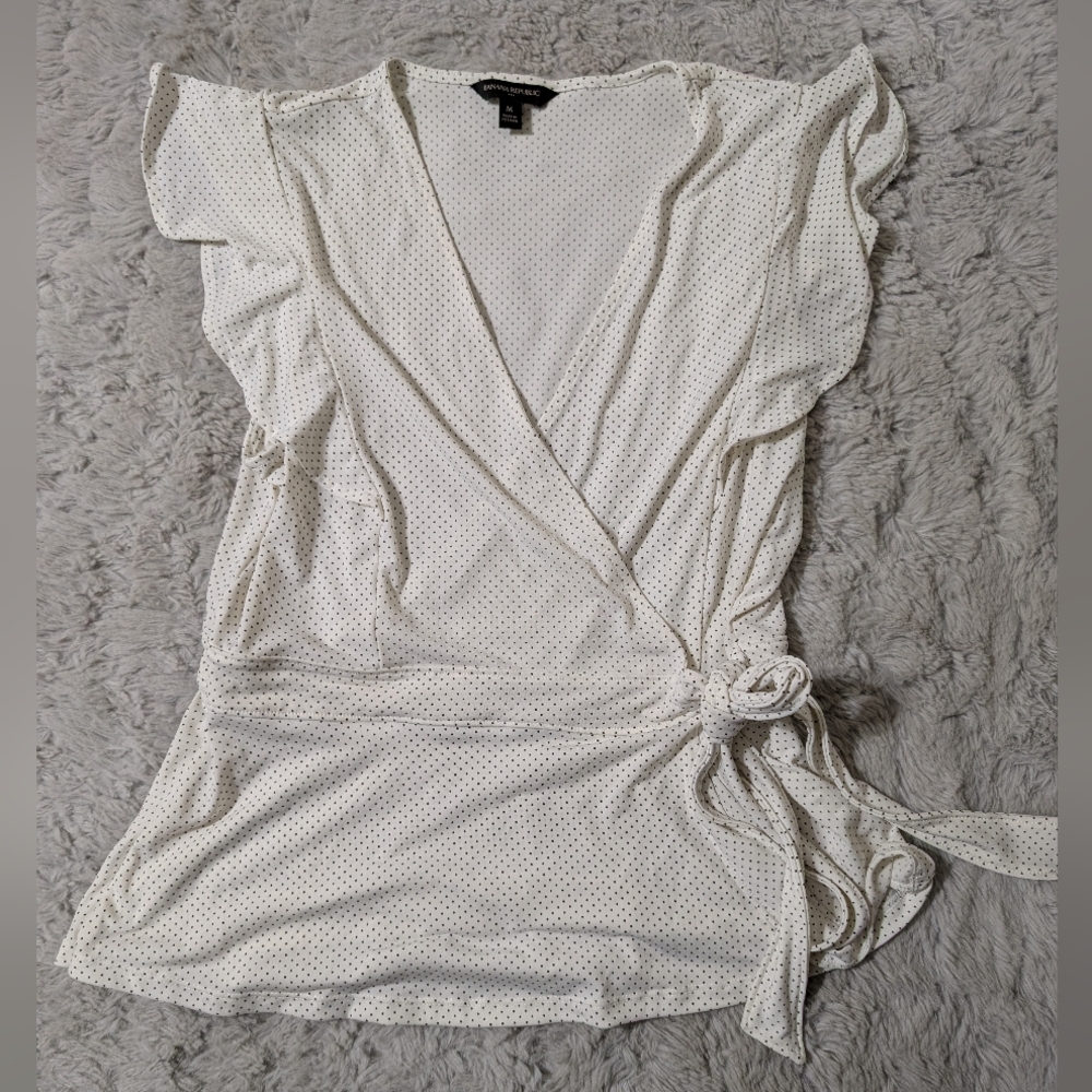 Banana Republic Faux Wrap Polka Dot Blouse Size Medium White and Black